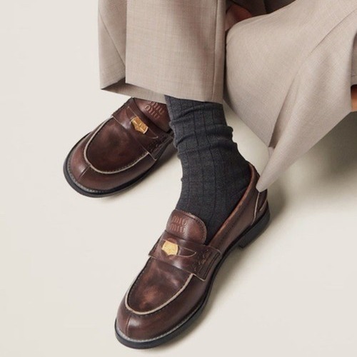 Miu Miu Vintage-Effect Leather Coin Penny Loafers Brown Eu Size 37 Us 7